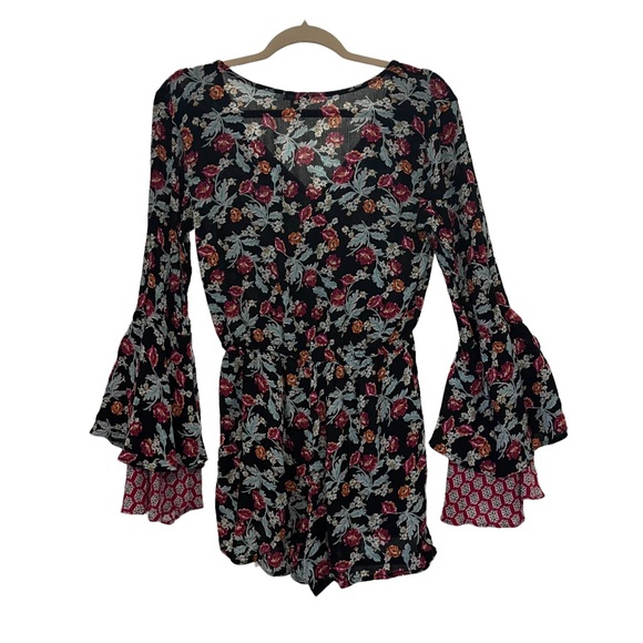 Xhilaration Button-Front Long Sleeve BohoRomper, Black Berry - Picture 4 of 11